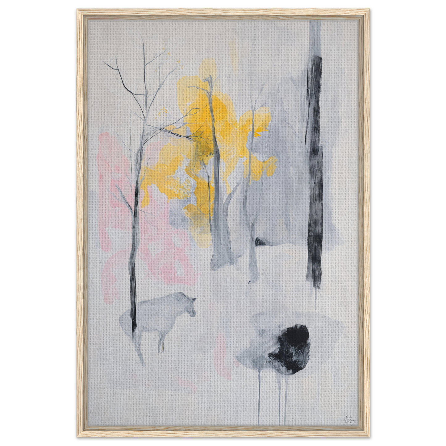 Abstract painting of trees and animals in muted colors, Winter’s Wistful Woods decor