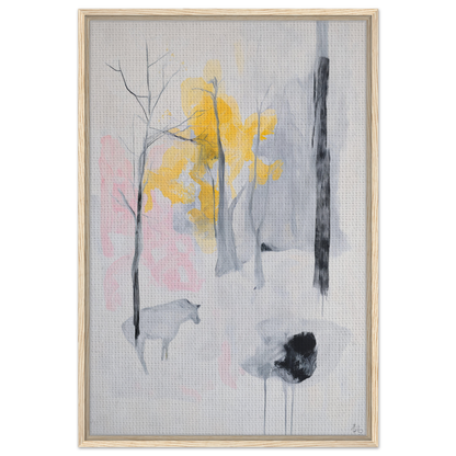 Abstract painting of trees and animals in muted colors, Winter’s Wistful Woods decor