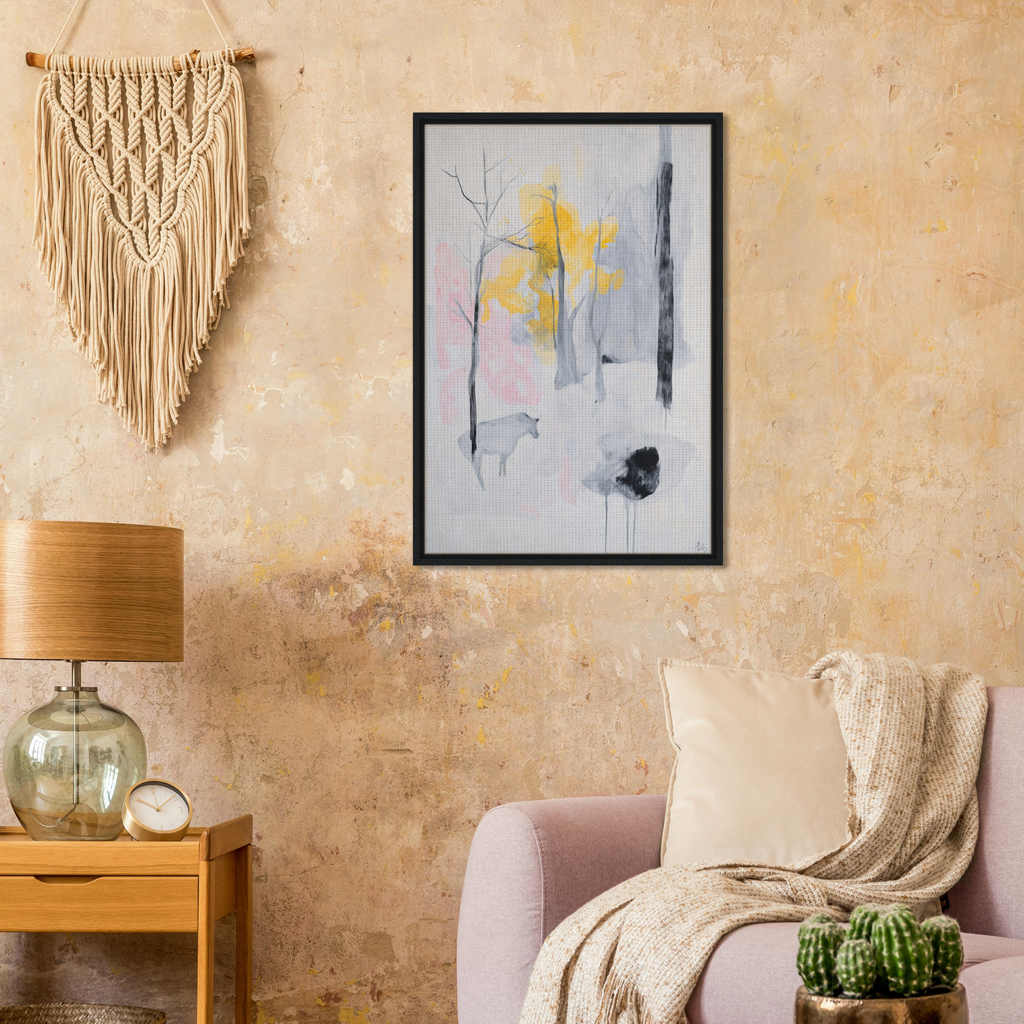 Framed abstract painting in soft colors, part of Winter’s Wistful Woods room decor