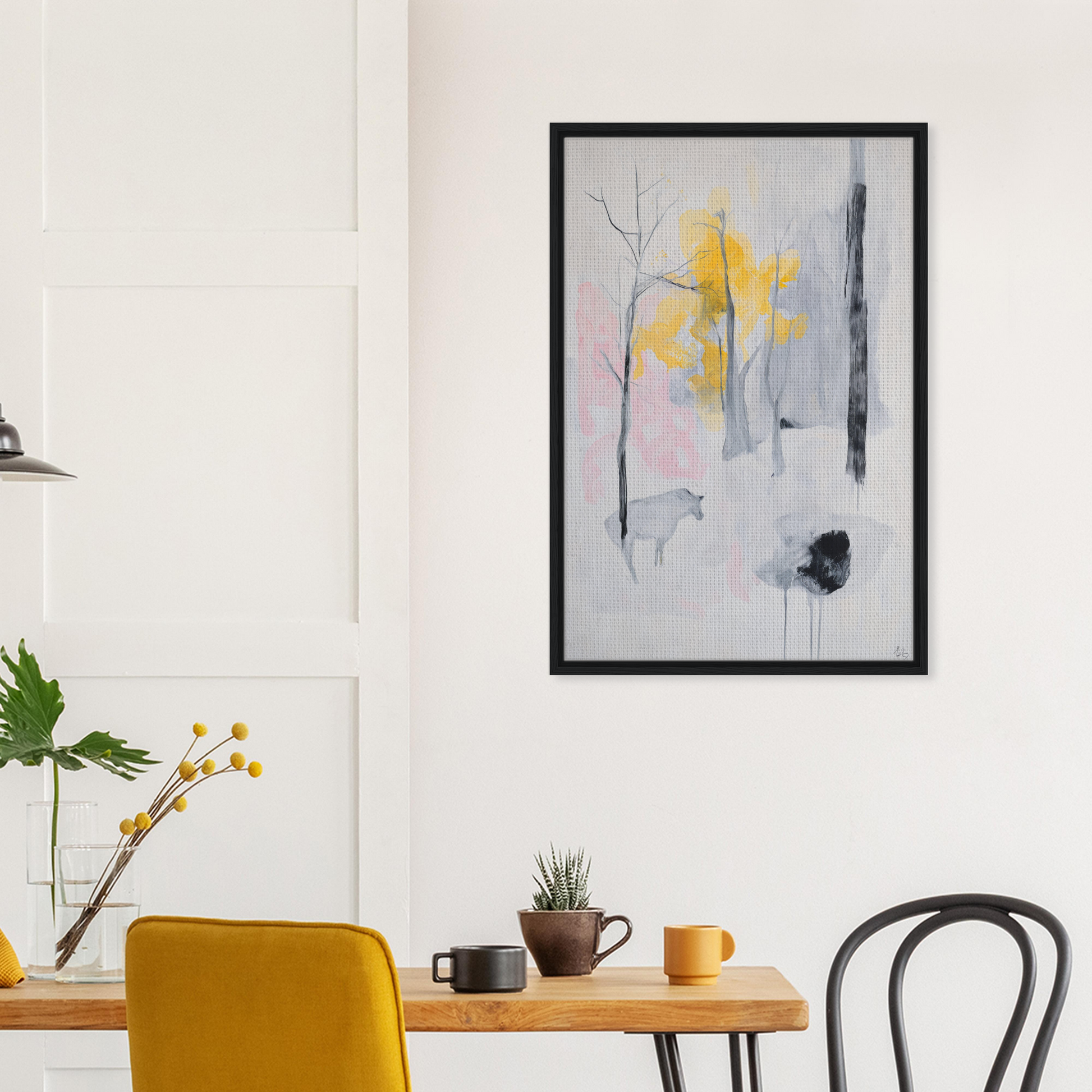 Abstract painting with yellow and gray in a black frame for Winter’s Wistful Woods room decor