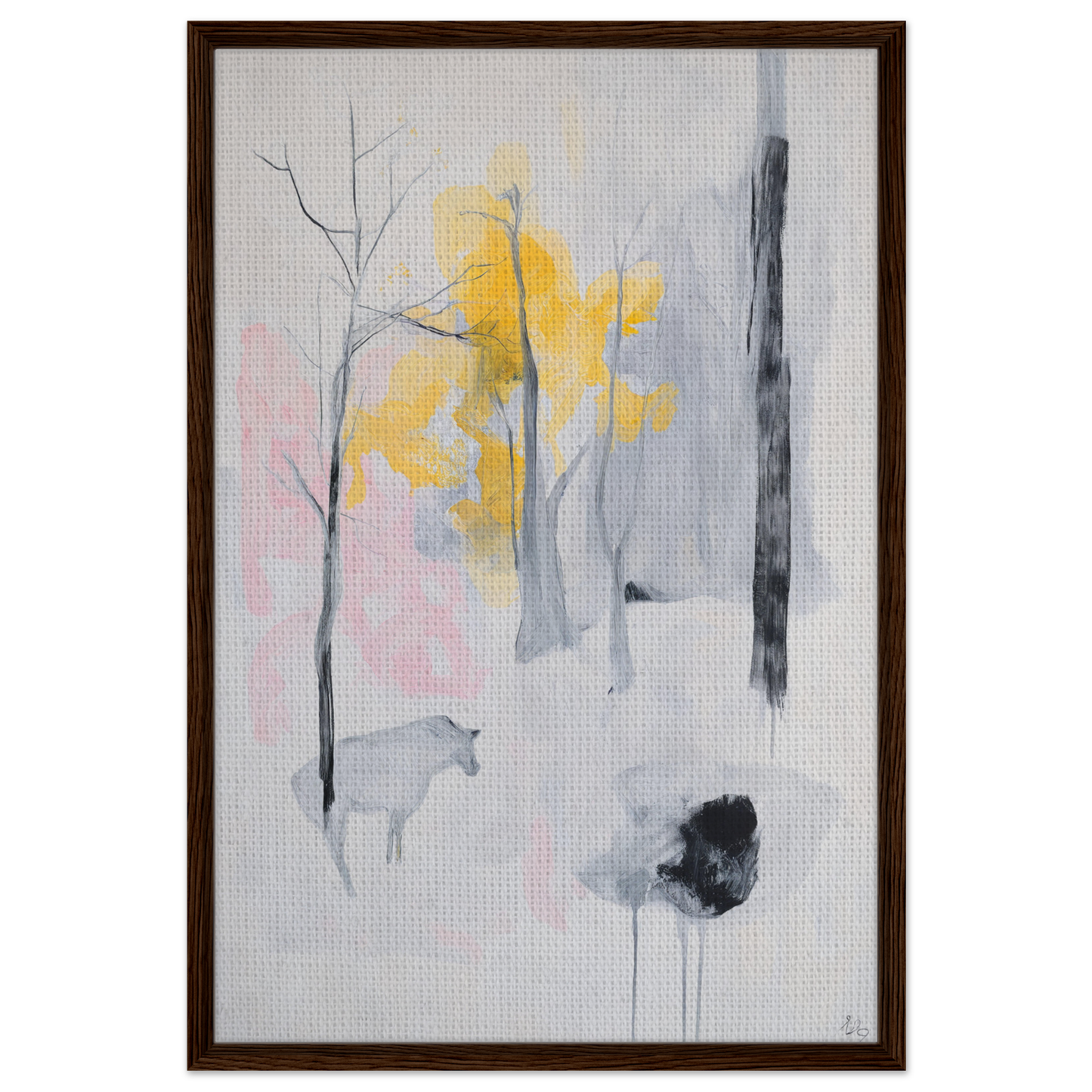 Abstract painting of trees and animals in muted tones from Winter’s Wistful Woods room decor