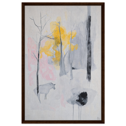 Abstract painting of trees and animals in muted tones from Winter’s Wistful Woods room decor