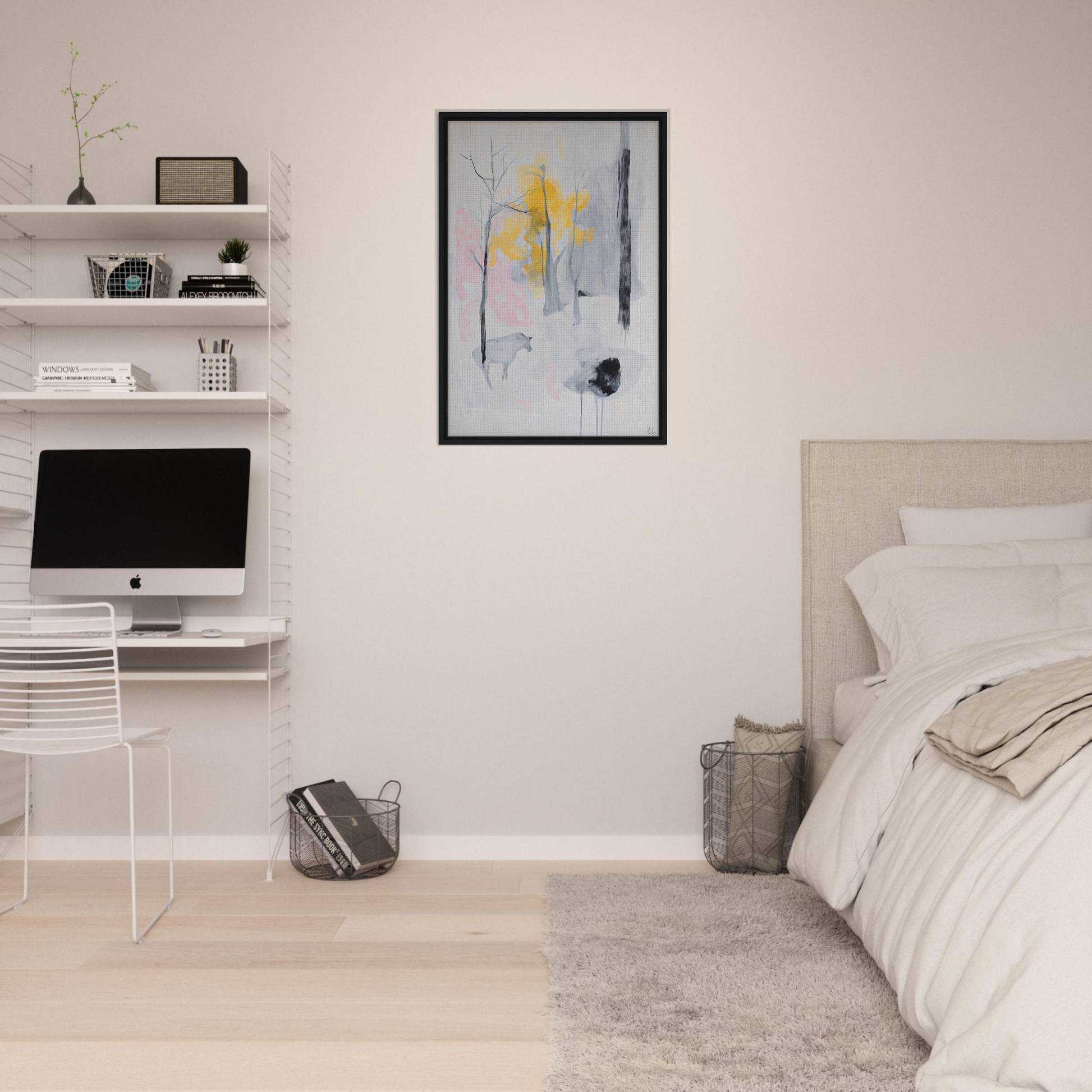 Minimalist bedroom featuring Winter’s Wistful Woods framed canvas print and white walls