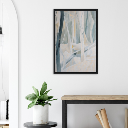 Abstract painting in muted blue, gray, and white tones for Wintry Whisper Woods room decor