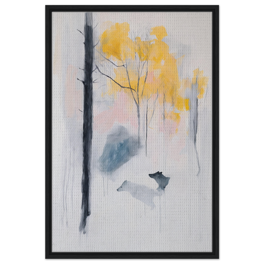 Framed canvas print of Wolf Mist Reverie featuring a misty forest with yellow trees