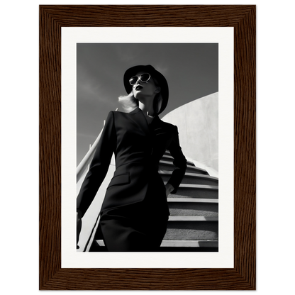 A woman in a black dress and hat standing on a staircase