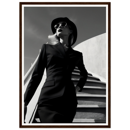 A woman in a black dress and hat is walking up the stairs