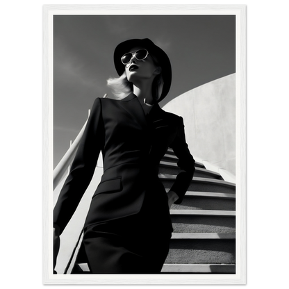 A woman in a black dress and hat is walking up the stairs