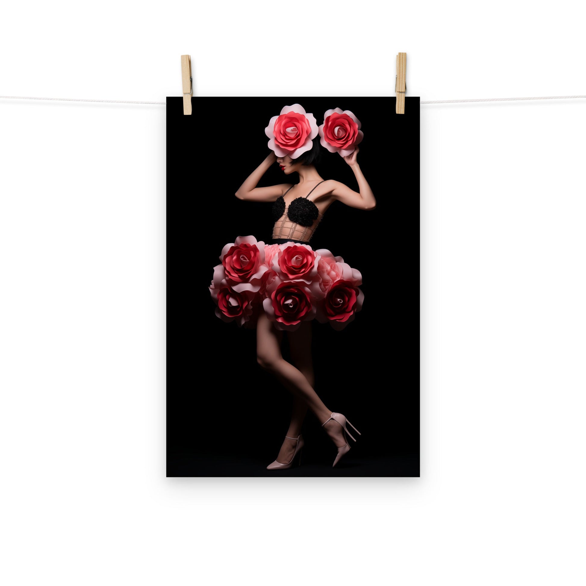 A woman in a black dress holding red roses