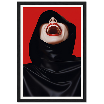 A woman with a black hoodie on her head, with her mouth open