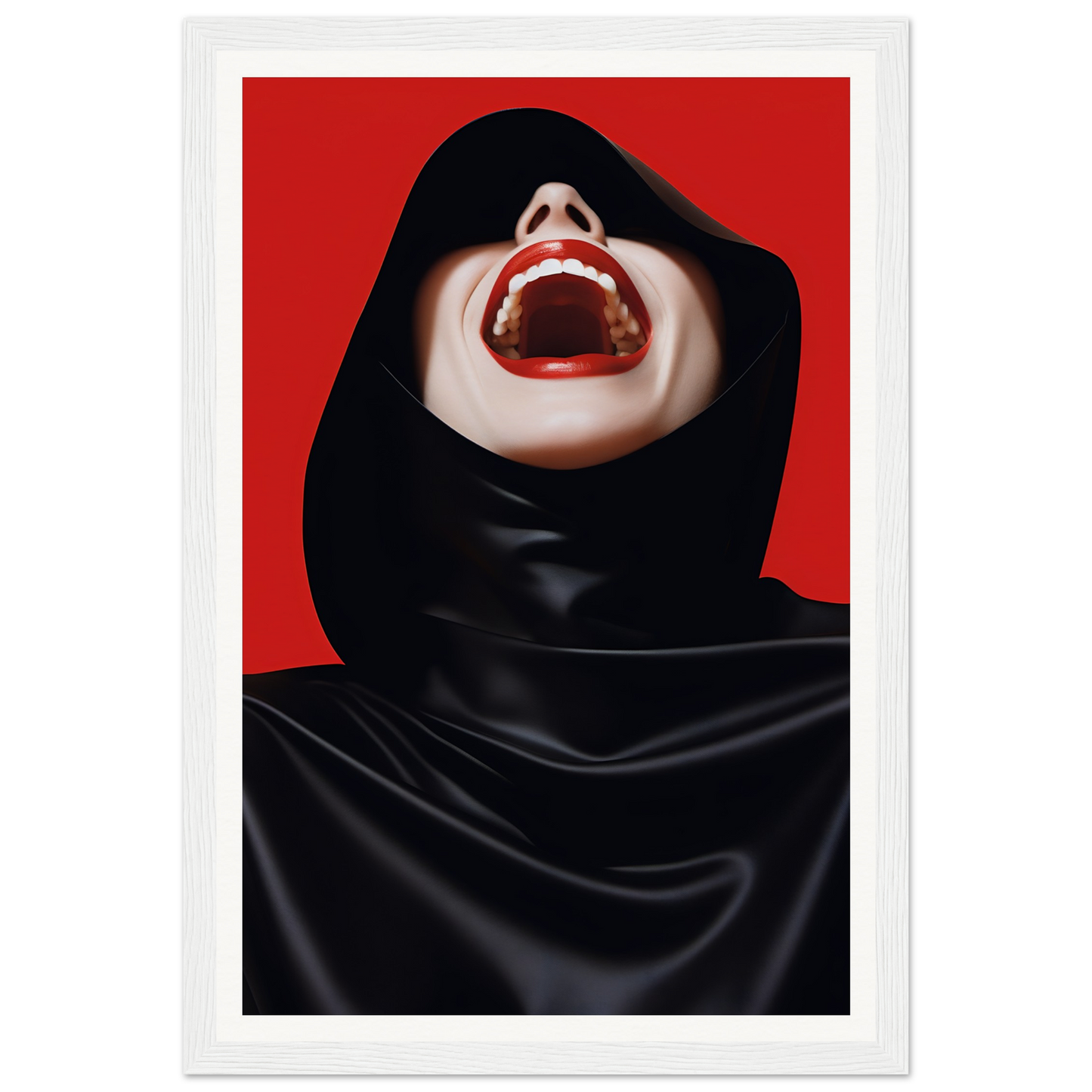 A woman with a black hoodie on her head, with her mouth open