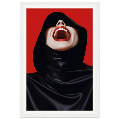 A woman with a black hoodie on her head, with her mouth open