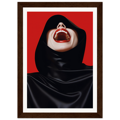 A woman in a black hoodie with red lips