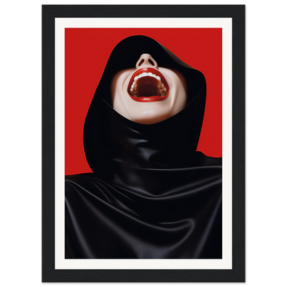 A woman in a black hoodie with red lips and a red background