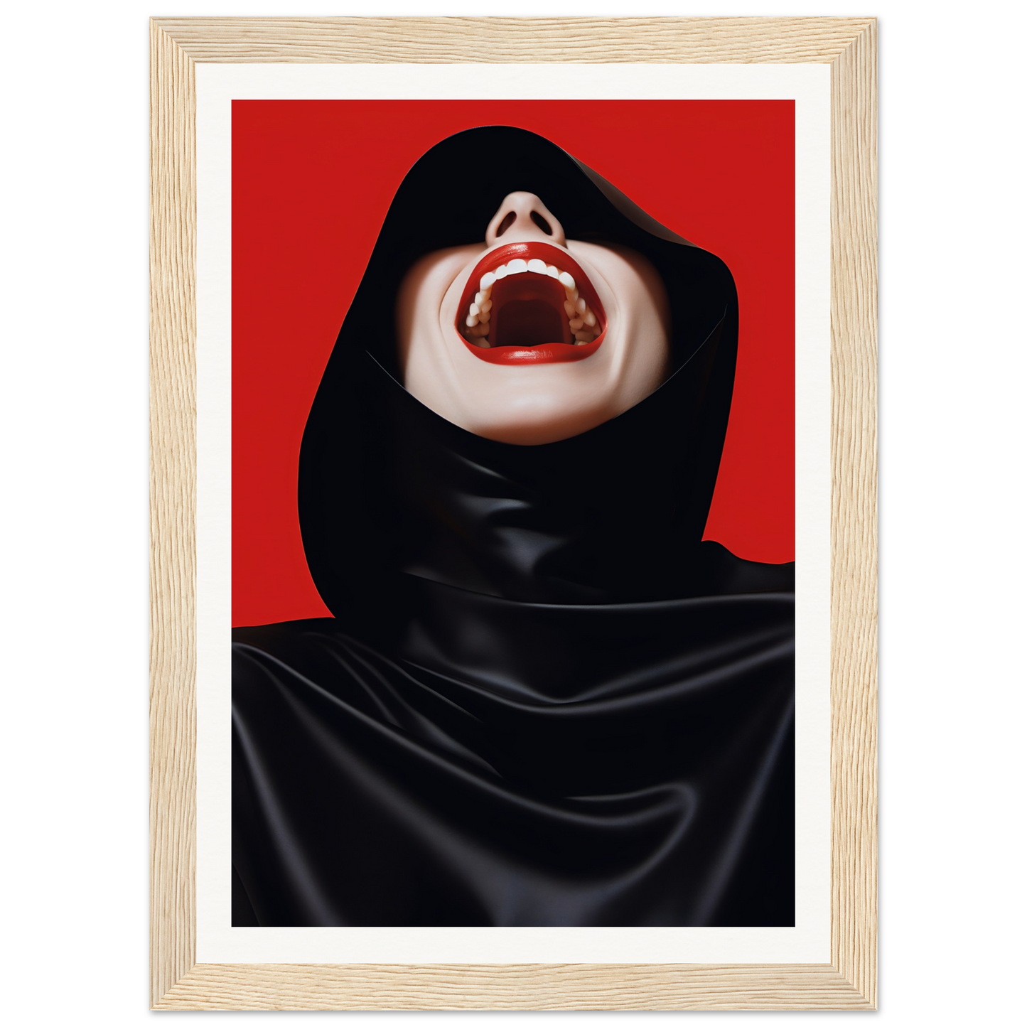 A woman in a black hoodie with red lips