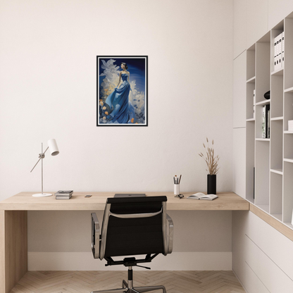 A woman in a blue dress sitting at a desk with a book and a cup of coffee art print