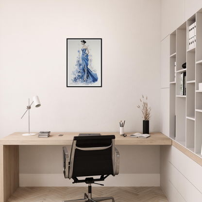 A woman in blue dress sitting at a desk