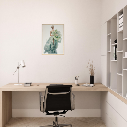 A woman in a blue dress sitting at a desk with a book and a lamp on the wall