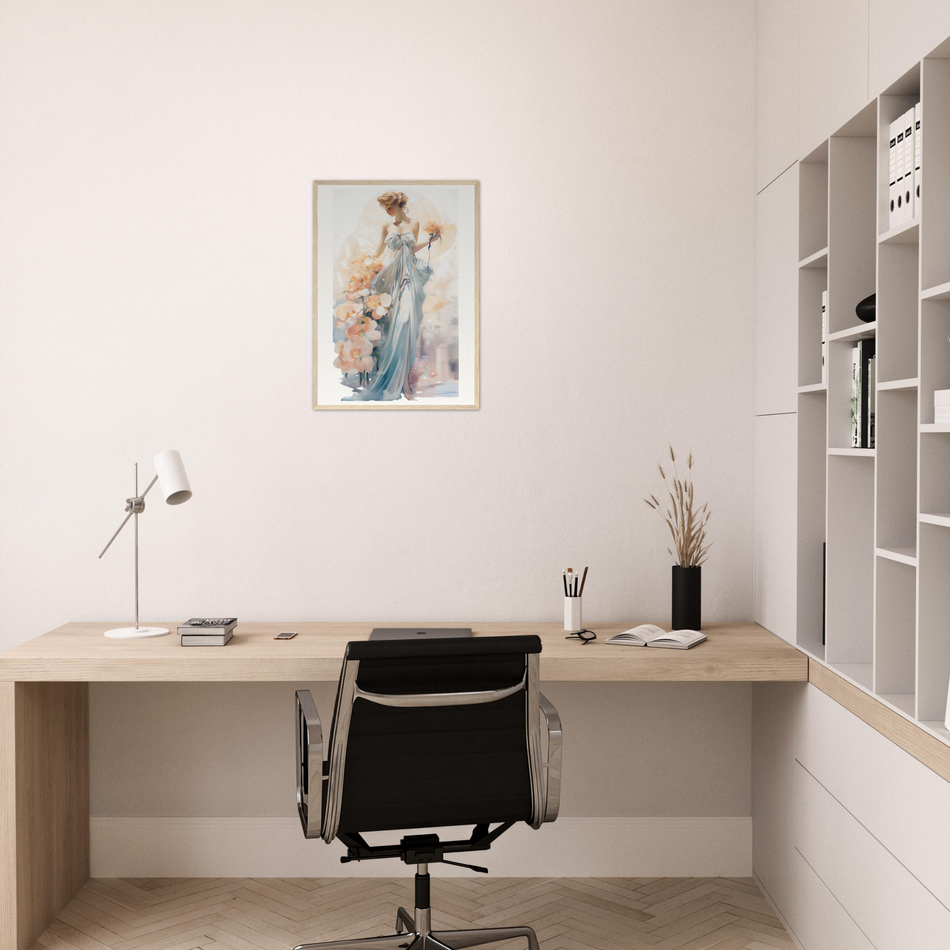 A woman in a blue dress sitting at a desk with a book and a cup of coffee art print