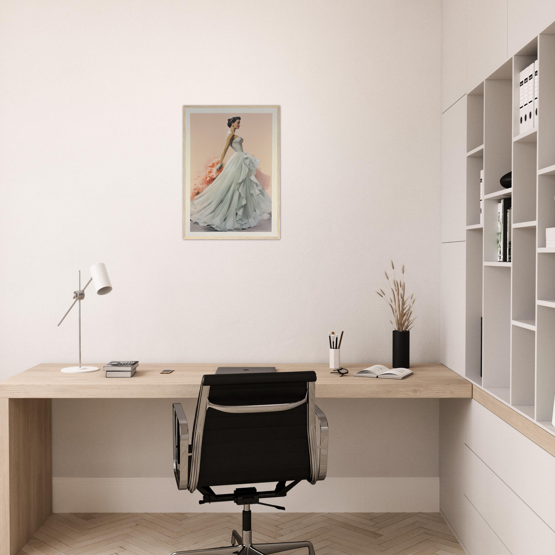 A woman in a blue dress sitting at a desk with a book and a lamp on the wall