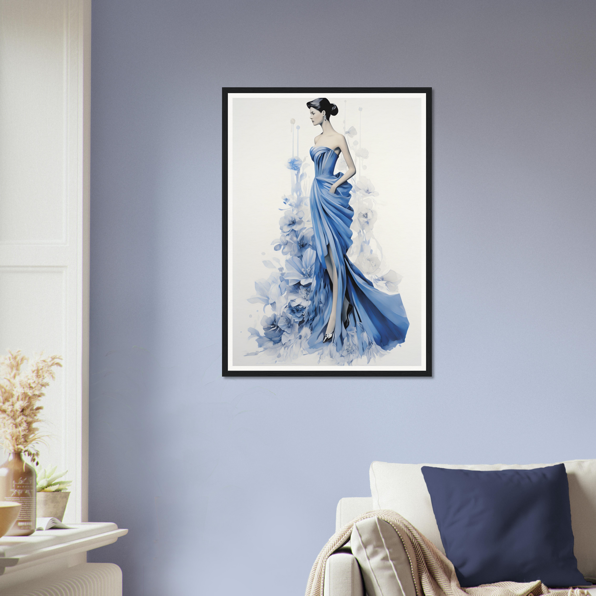 A woman in a blue dress with a flower in her hair framed on a wall