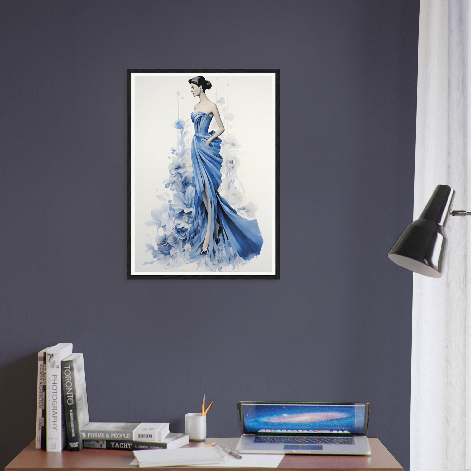 A woman in a blue dress with flowers on her head framed in a room