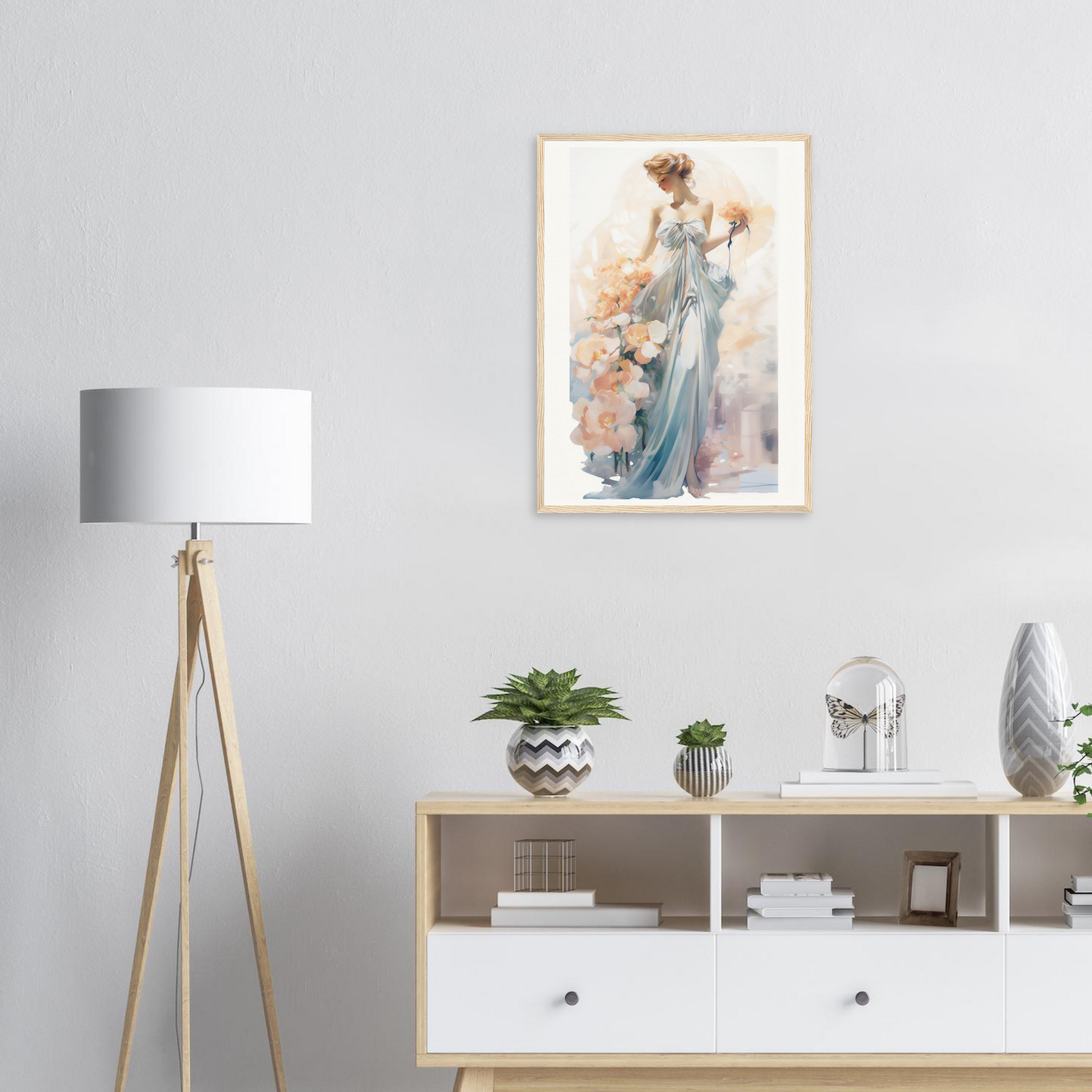 A woman in a blue dress with flowers on her head framed in a room