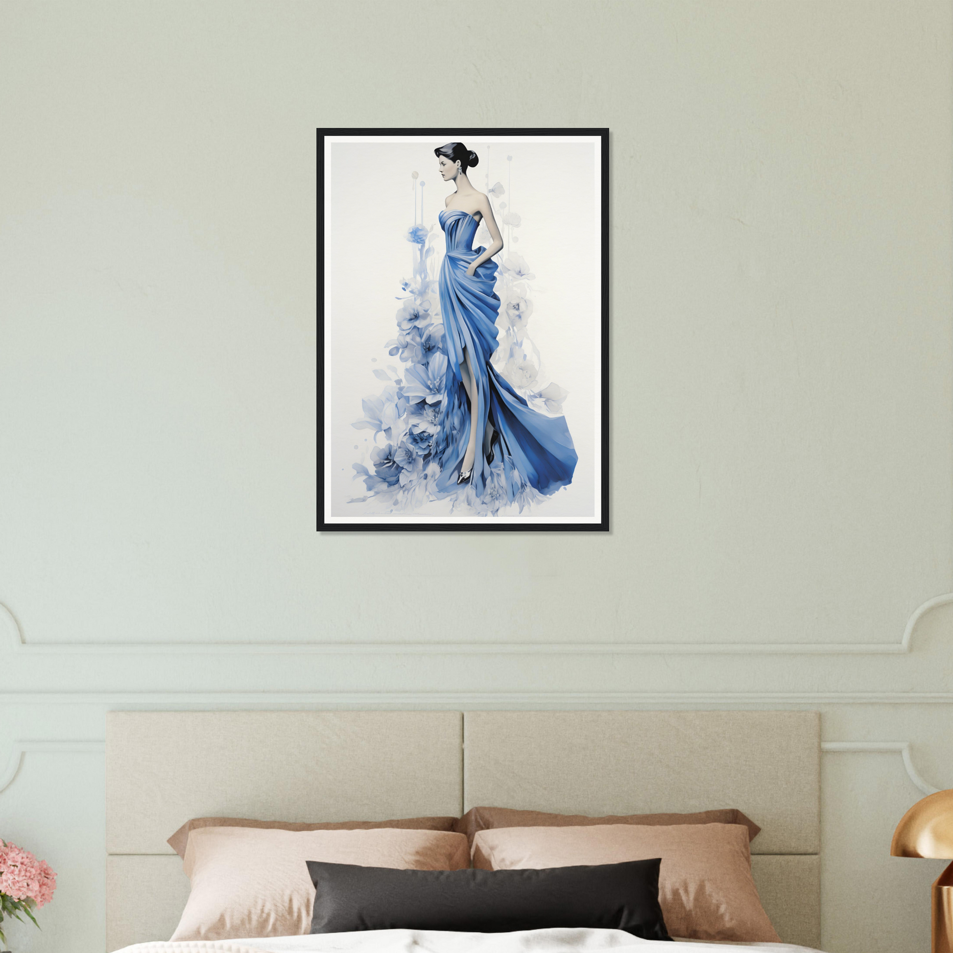 A woman in a blue dress with a hat and a bouquet on her head is shown in a bedroom