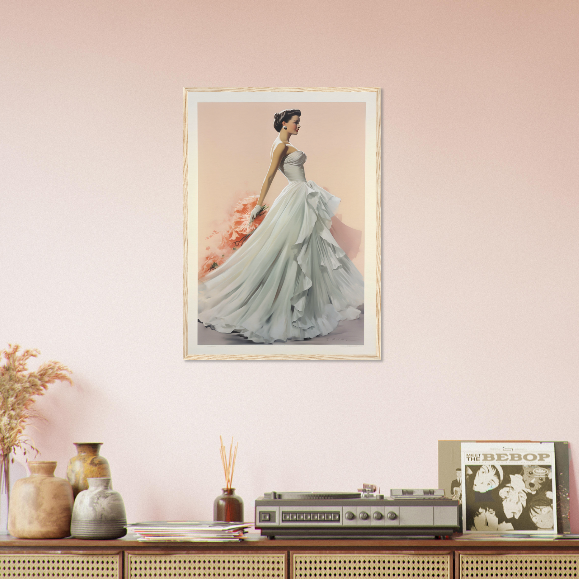 A woman in a blue dress is standing in front of a pink wall