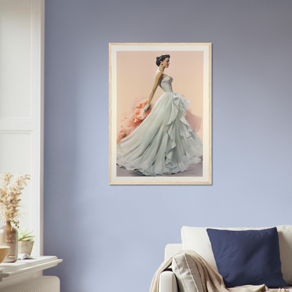 A woman in a blue dress is standing in a living room