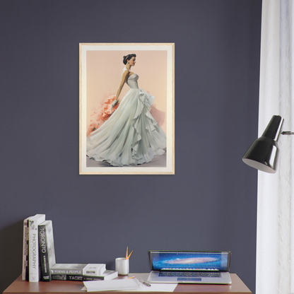 A woman in a blue dress is shown on the wall above a desk