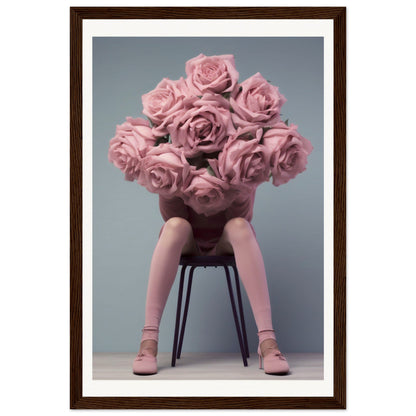 A woman sitting on a chair with pink roses