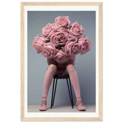 A woman sitting on a chair with pink roses