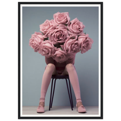 A woman sitting on a chair with pink roses