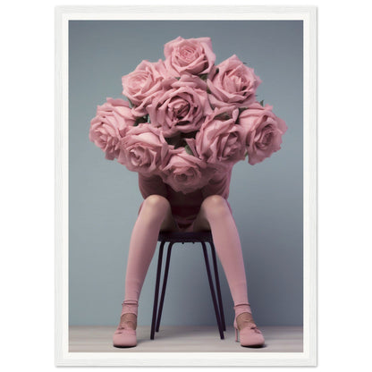 A woman sitting on a chair with pink roses