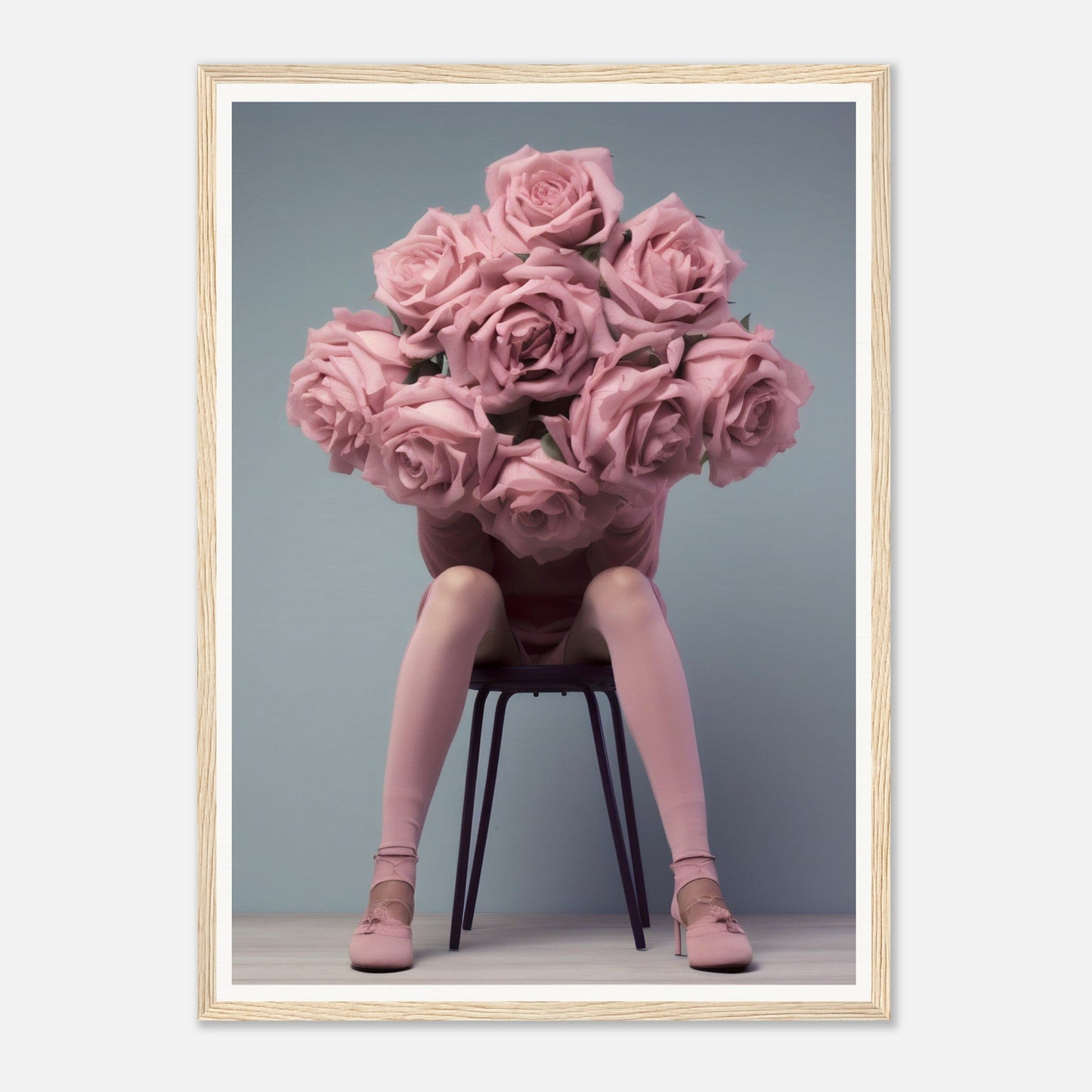 A woman sitting on a chair with pink roses