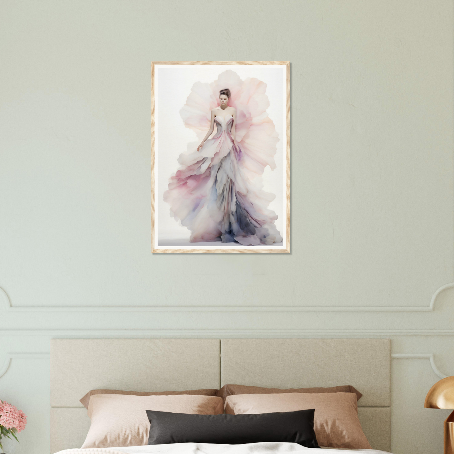 A woman in a dress with a flower on her head, framed in a bedroom