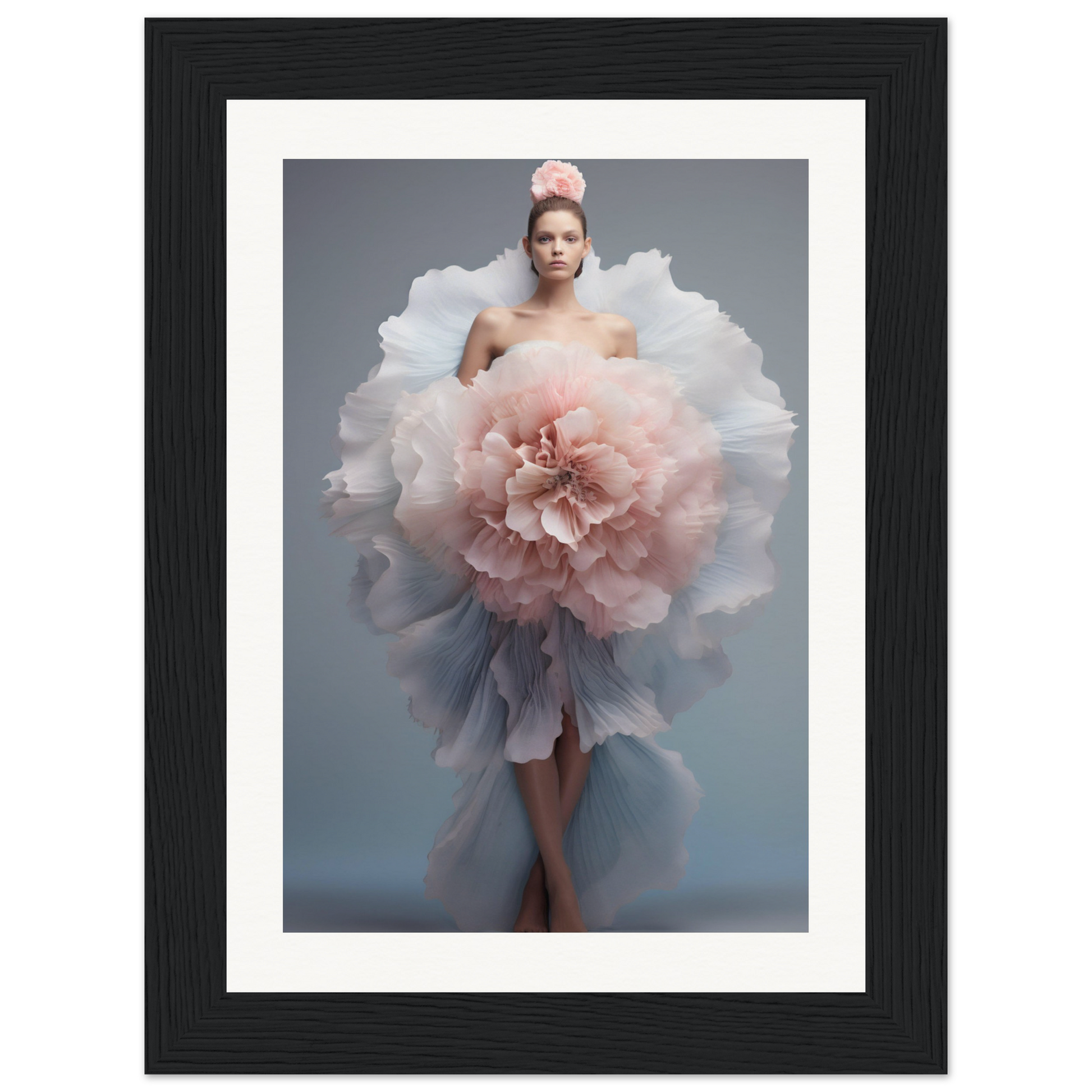 A woman in a dress with a large flower in her hair