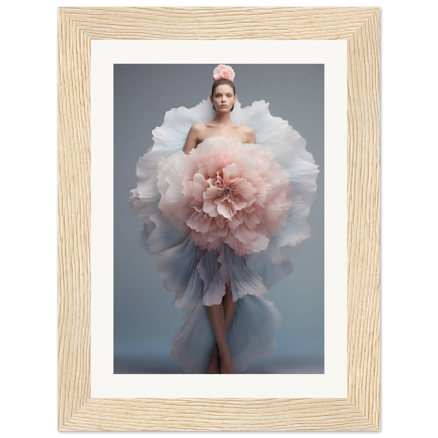 A woman in a dress with a large flower in her hair