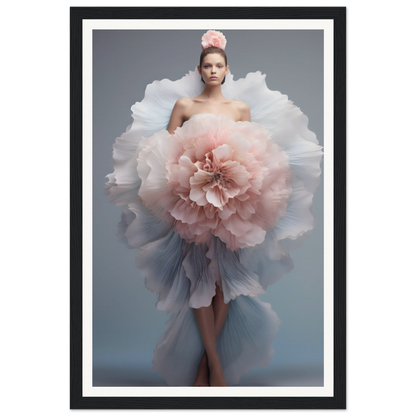 A woman in a dress with a large flower in her hair