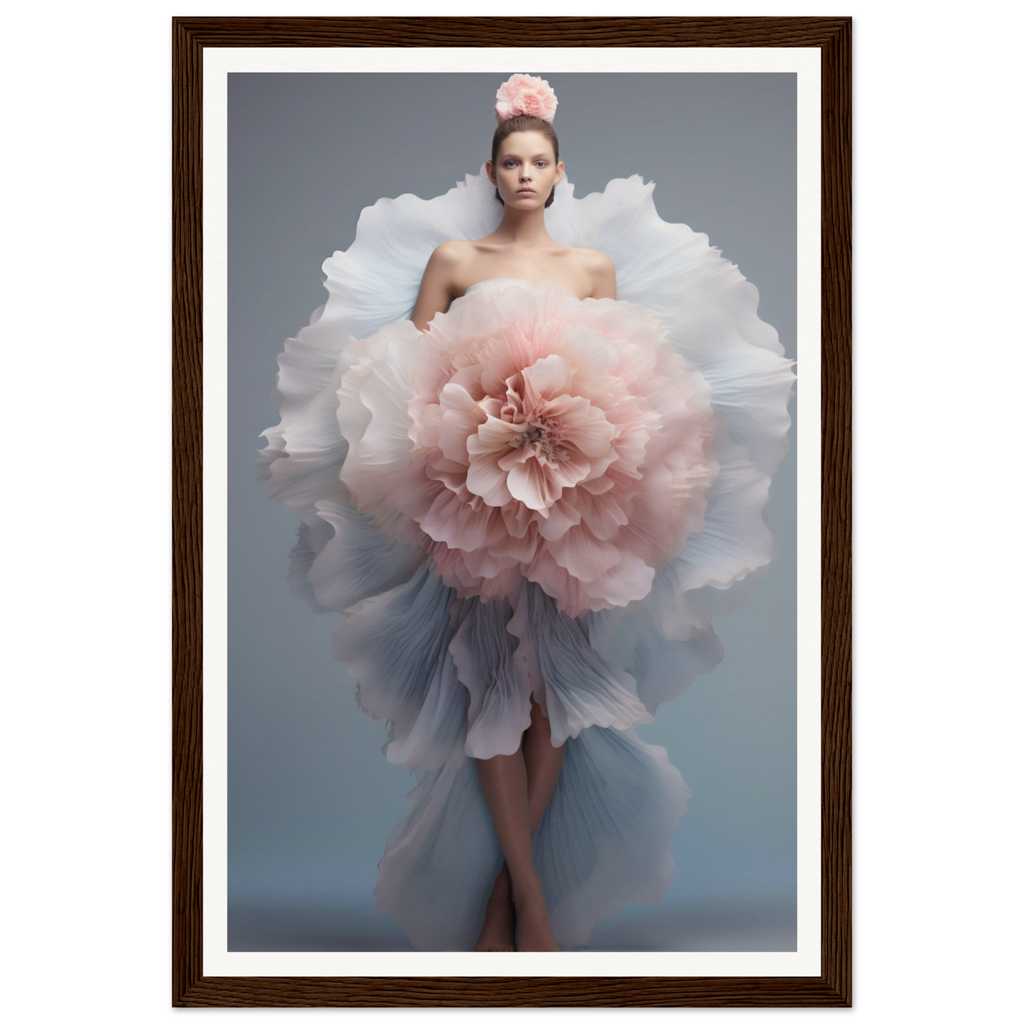 A woman in a dress with a large flower in her hair