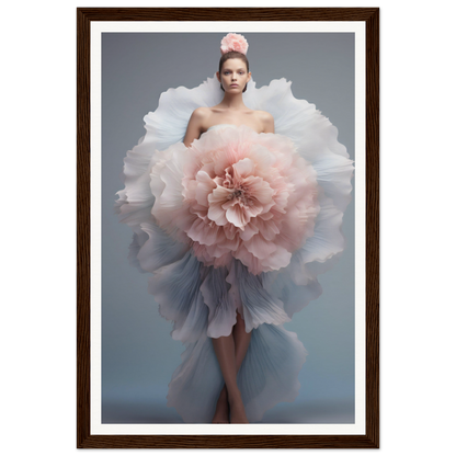 A woman in a dress with a large flower in her hair