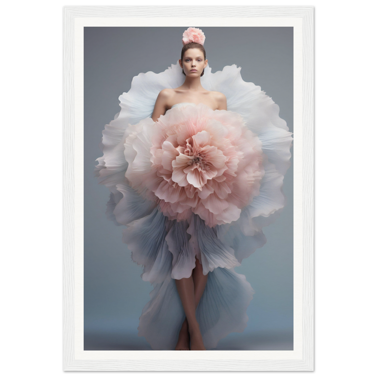 A woman in a dress with a large flower in her hair