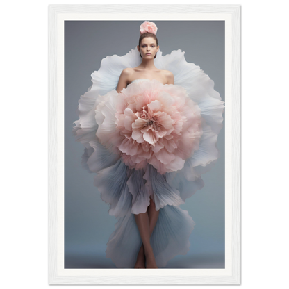 A woman in a dress with a large flower in her hair