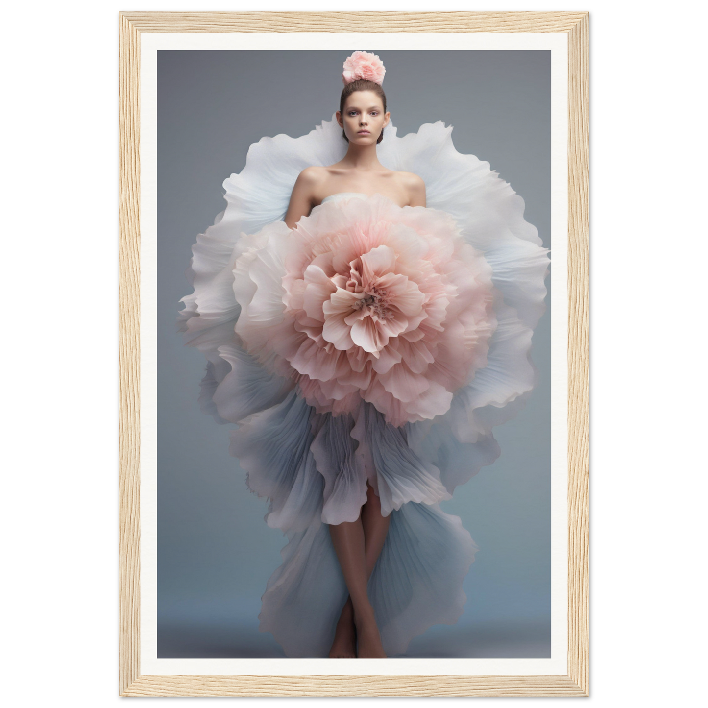 A woman in a dress with a large flower in her hair