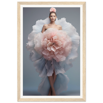 A woman in a dress with a large flower in her hair