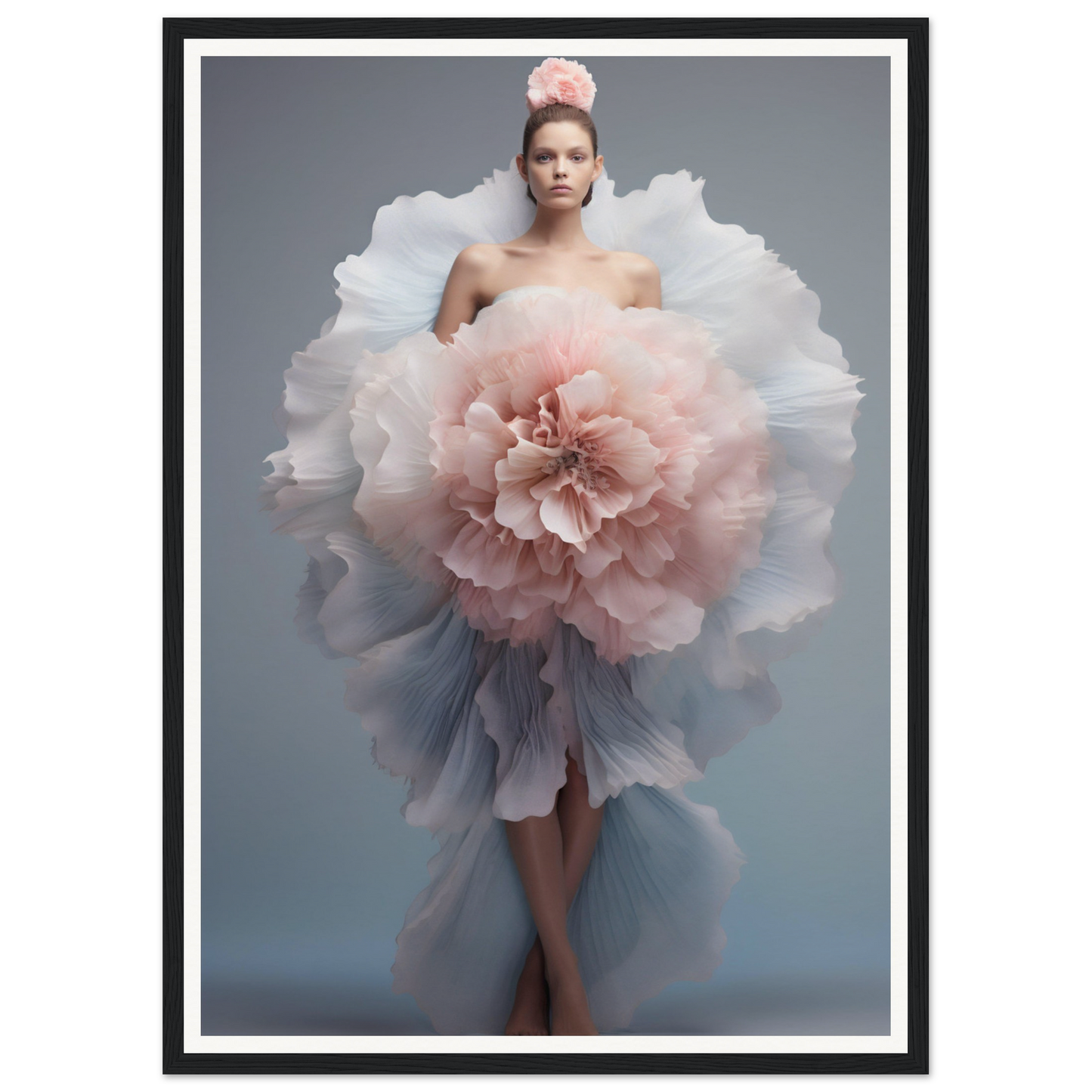 A woman in a dress with a large flower in her hair