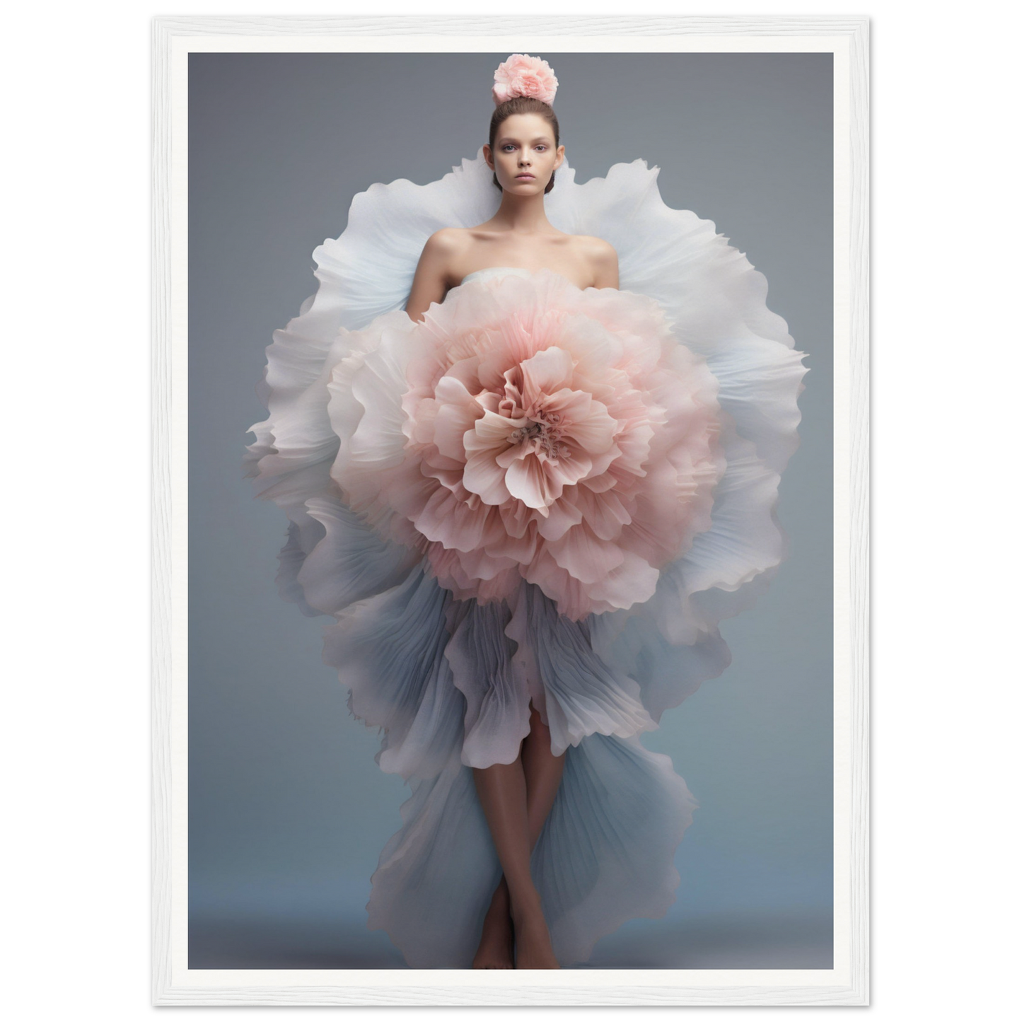 A woman in a dress with a large flower on her head