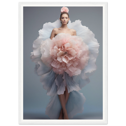 A woman in a dress with a large flower on her head