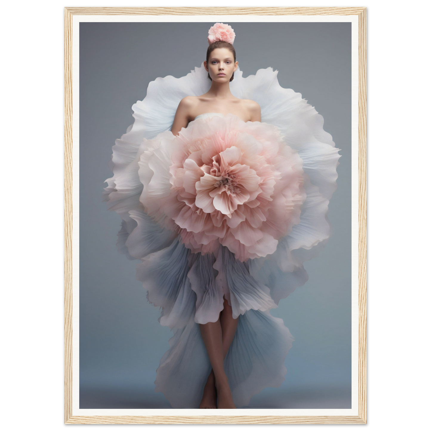 A woman in a dress with a large flower in her hair